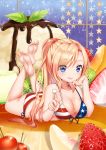  1girl :p american_flag_bikini archerfish_(zhan_jian_shao_nyu) barefoot bikini blonde_hair breasts chocolate cleavage collarbone eyebrows eyebrows_visible_through_hair feet flag_print food fruit full_body hand_on_own_cheek holding kiwifruit kneepits legs_up long_hair looking_at_viewer lying mamemena medium_breasts minigirl on_stomach ponytail pudding sky soles solo star star_(sky) starry_sky strawberry sweets swimsuit the_pose toes tongue tongue_out window zhan_jian_shao_nyu 