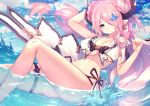 1girl alternate_costume bikini blue_eyes breasts cleavage clouds doraf granblue_fantasy heart heart-shaped_pupils horns large_breasts long_hair looking_at_viewer mamuru narumeia_(granblue_fantasy) pink_hair puffy_nipples smile solo swimsuit symbol-shaped_pupils thighs water 