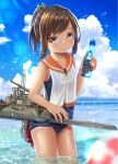  1girl blush bottle brown_eyes brown_hair hane_yoshiyumi highres i-401_(kantai_collection) kantai_collection looking_at_viewer one-piece_swimsuit one-piece_tan ponytail ramune sailor_collar school_swimsuit short_ponytail smile solo swimsuit swimsuit_under_clothes tan tanline wading water wet 
