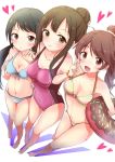  3girls bikini black_hair blush breasts brown_eyes brown_hair hair_bun idolmaster idolmaster_cinderella_girls long_hair mizumoto_yukari multiple_girls nakano_yuka numahito one-piece_swimsuit open_mouth ponytail shiina_noriko smile swimsuit twintails 