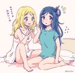  2girls :3 :d alternate_hairstyle arm_around_back bare_legs barefoot bed_sheet blonde_hair blue_hair blush braid commentary_request crown_braid flying_sweatdrops hair_down hair_rings hairstyle_switch holding holding_hair long_hair looking_at_viewer love_live! love_live!_sunshine!! matsuura_kanan multiple_girls nightgown nightshirt ohara_mari open_mouth sitting smile sotamena_(km_stmn) translation_request twitter_username violet_eyes yellow_eyes 