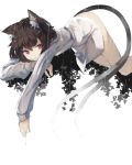  1girl absurdres animal_ears bei_mochi bottomless brown_hair cat_ears cat_tail chen chin_rest gradient highres jewelry long_sleeves looking_at_viewer lying multiple_tails naked_shirt nekomata on_side rain red_eyes see-through shirt simple_background single_earring slit_pupils solo tail touhou two_tails water_drop wet wet_clothes wet_shirt white_background 