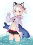  +_+ 1girl 2016 :d ;d animal_ears bikini bikini_skirt bikini_under_clothes black_bikini cat_ears collarbone dated fake_animal_ears fang hairband hibanar holding hood hoodie inflatable_dolphin inflatable_toy kaburi_chiko long_sleeves looking_at_viewer navel one_eye_closed one_side_up open_clothes open_hoodie open_mouth original red_eyes short_hair silver_hair sleeves_past_wrists smile solo stomach swimsuit tooth v wading water 