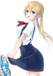  1girl blonde_hair blue_eyes blush breasts fan highres long_hair open_mouth original school_uniform simple_background skirt_hold solo suspenders sweatdrop twintails unasaka_ryou 