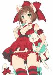  1girl :&lt; :p animal_ears arm_garter asymmetrical_bangs bangs bare_shoulders blush bow breasts brown_hair camisole candy cat_ears cat_tail choker cleavage collarbone cowboy_shot food frilled_panties frills from_below green_eyes hair_bow hair_intakes holding holding_food horizontal-striped_legwear horizontal_stripes idolmaster idolmaster_cinderella_girls jewelry legs_apart licking lingerie lollipop looking_down maekawa_miku manle panties pendant pointy_ears red_bow red_panties short_hair simple_background sketch solo standing star striped stuffed_animal stuffed_cat stuffed_toy sweets tail tail_bow tongue tongue_out underwear white_background 