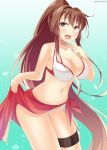  1girl bikini brown_eyes brown_hair finger_to_mouth kankitsunabe_(citrus) kantai_collection leaning_forward long_hair ponytail sarong standing swimsuit yamato_(kantai_collection) 