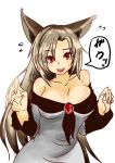  1girl animal_ears bare_shoulders blush breasts brooch brown_hair cleavage collarbone dress fang fingernails highres imaizumi_kagerou jewelry large_breasts long_sleeves looking_at_viewer off-shoulder_dress off_shoulder open_mouth red_eyes simple_background solo speech_bubble touhou translated white_background wide_sleeves wolf_ears 