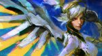  1girl blonde_hair blue_eyes bodysuit commentary high_ponytail james_ghio lips long_hair mechanical_halo mechanical_wings mercy_(overwatch) nose overwatch ponytail portrait solo wings 