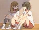  2girls bangs black_hair brown_hair commentary_request gym_shorts gym_uniform hands_on_own_knees hands_together jitome knees_up long_hair looking_at_another monsieur multiple_girls open_mouth original pigeon-toed red_shorts shade shirt shoes short_hair short_sleeves shorts sitting v-neck white_shirt wooden_floor 