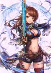  1girl aiming aiming_at_viewer bangs beatrix_(granblue_fantasy) belt belt_buckle black_shorts blue_boots boots breasts brown_hair brown_legwear buckle cleavage cowboy_shot crop_top eyelashes floating_hair gauntlets gou_(ga673899) granblue_fantasy green_eyes holding holding_sword holding_weapon large_breasts long_hair looking_at_viewer medium_breasts outstretched_arm pauldrons ponytail shorts solo stomach sword thigh-highs thigh_boots turtleneck uneven_eyes visible_air waistcoat weapon wide_sleeves 