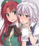 2girls aqua_eyes asa_(coco) beret black_ribbon blue_dress blue_eyes blush braid chinese_clothes dress frilled_sleeves frills green_clothes hair_between_eyes hair_ribbon hands_on_another&#039;s_shoulders hat heavy_breathing hong_meiling izayoi_sakuya long_hair looking_at_another maid maid_headdress multiple_girls puffy_short_sleeves puffy_sleeves redhead ribbon shirt short_hair short_sleeves silver_hair star touhou tress_ribbon twin_braids upper_body white_shirt 