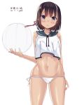  1girl ball beachball bikini black_hair blush brown_eyes crop_top dated garnet hair_ribbon highres lowleg navel original ribbon sailor_collar see-through short_hair simple_background sketch solo swimsuit white_background 