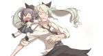  2girls anchovy braid chibi closed_eyes die_(die0118) drooling girls_und_panzer green_hair hair_ribbon hand_on_another&#039;s_face holding holding_hair loose_necktie multiple_girls necktie pepperoni_(girls_und_panzer) ribbon saliva silver_hair sleeping twintails 