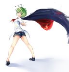  1girl :d antennae black_cape black_shoes breasts collared_shirt foreshortening full_body green_eyes green_hair highres homo_1121 long_sleeves looking_at_viewer neck_ribbon open_mouth red_ribbon ribbon shirt shoes short_hair short_shorts shorts small_breasts smile solo touhou white_shirt wriggle_nightbug 