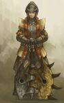  1girl armor belt black_hair boots breastplate chain closed_eyes full_armor gauntlets gradient gradient_background hammer hand_on_hand headband high_collar highres hilld horns lips monster_hunter open_clothes open_vest ponytail rajang_(armor) serious sidelocks solo spikes standing vest weapon 
