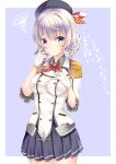  1girl alternate_hair_length alternate_hairstyle beret blue_eyes breasts epaulettes gloves hat highres kantai_collection kashima_(kantai_collection) mashiro_aa military military_uniform pout short_hair silver_hair solo translation_request uniform wavy_hair white_gloves 