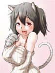  1girl animal_ears black_hair blush breasts cat_ears cat_girl cat_paws cat_tail cleavage eyebrows eyebrows_visible_through_hair fangs kyabe_tsuka large_breasts looking_at_viewer monster_girl monster_musume_no_iru_nichijou monster_musume_no_iru_nichijou_online paws red_eyes snout solo striped_tail suzie_(monster_musume) sweat tail tongue upper_body 