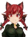  &gt;:( 1girl animal_ears bell bell_choker black_bow bow braid breasts cat_ears choker dress extra_ears green_dress hair_bow highres homo_1121 jingle_bell kaenbyou_rin large_breasts looking_at_viewer pointy_ears red_eyes redhead slit_pupils solo touhou twin_braids upper_body 