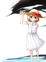  barefoot darkness dress fang hat kameyan rumia smile solo straw_hat sun_hat sundress touhou water white_dress 