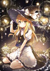  1girl apron blonde_hair blush braid dr_poapo glowing hat highres kirisame_marisa lantern light long_hair side_braid single_braid sitting solo star touhou waist_apron wariza witch_hat yellow_eyes 