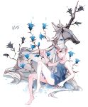  1girl 2015 arm_support artist_name dated elf flower grey_eyes kuma_(bloodycolor) long_hair pointy_ears rwby silver_hair solo thighs unicorn weiss_schnee white_background 