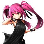  &gt;:) 1girl bare_shoulders black_gloves blush btraphen collarbone fingerless_gloves gloves long_hair looking_at_viewer original pink_hair simple_background smile solo twintails white_background 