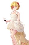  1girl 2016 alcohol artist_request blonde_hair blush breasts cleavage cup dated dress drinking_glass eyepatch flower hair_flower hair_ornament highres jewelry necklace prince_of_wales_(zhan_jian_shao_nyu) short_hair smile solo violet_eyes wine wine_glass zhan_jian_shao_nyu 