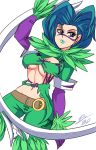  1girl big_hair bigdead93 blue_hair breasts chakram facial_tattoo green_lipstick highres huge_weapon large_breasts lipstick makeup mole mole_under_eye mole_under_mouth revealing_clothes solo soulcalibur soulcalibur_iii tattoo tira_(soulcalibur) under_boob violet_eyes weapon 
