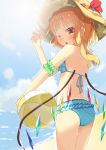  1girl alternate_costume arm_strap ass ball beach beachball bikini bikini_skirt blonde_hair blue_bikini clouds cloudy_sky crystal flandre_scarlet frilled_bikini frills from_behind hair_between_eyes hat hat_ribbon highres light_particles looking_at_viewer midriff one_eye_closed outdoors red_eyes ribbon side_ponytail sky sun_hat swimsuit thighs touhou wet wet_clothes wet_swimsuit wings yuimari 