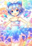  1girl :d adapted_costume ahoge blue_eyes blue_hair bow cirno collarbone hair_bow hair_ornament ice ice_wings leg_lift open_mouth outstretched_arms pjrmhm_coa smile solo star_hair_ornament starfish_hair_ornament strap_slip touhou wings 