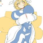  1girl blonde_hair breasts chiyoshi_(sevendw) curvy dress fox_tail frills hands_in_sleeves hat huge_breasts long_sleeves multiple_tails pillow_hat solo tabard tail touhou white_dress wide_hips wide_sleeves yakumo_ran yellow_eyes 