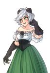  1girl animal_ears bare_shoulders blush claws corset green_eyes green_skirt hand_behind_head highres long_skirt looking_away looking_to_the_side monorus original paws puffy_short_sleeves puffy_sleeves short_hair short_sleeves silver_hair simple_background skirt solo 