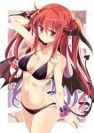  1girl arm_up bikini black_bikini blush breasts cleavage closed_mouth cowboy_shot demon_tail head_wings highres koakuma long_hair looking_at_viewer maturiuta_sorato medium_breasts navel red_eyes redhead shiny shiny_skin smile solo standing swimsuit tail touhou twintails wings wrist_cuffs 