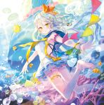  1girl air_bubble barefoot blue_hair blush bracelet breasts breath bubble bubble_blowing coral fish freediving green_eyes hair_between_eyes heterochromia ibara_riato jellyfish jewelry long_hair orange_eyes original parted_lips pleated_skirt sailor_collar skirt sparkle swimming underwater very_long_hair 