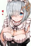  1girl alternate_costume blue_eyes blush breasts cleavage cosplay detached_sleeves hair_ornament hairpin hamakaze_(kantai_collection) heart highres kantai_collection looking_at_viewer maid maid_headdress okitsugu re:zero_kara_hajimeru_isekai_seikatsu rem_(re:zero) rem_(re:zero)_(cosplay) short_hair silver_hair simple_background smile solo white_background 