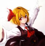  1girl ascot black_skirt black_vest blonde_hair bloom buttons collared_shirt dutch_angle hair_ribbon highres homo_1121 long_sleeves looking_at_viewer outstretched_arms red_eyes red_ribbon ribbon rumia shirt short_hair skirt skirt_set smile solo spread_arms touhou upper_body white_shirt 