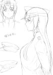  1girl arms_behind_back bangs breasts character_sheet epaulettes female_admiral_(kantai_collection) hair_between_eyes hat highres kantai_collection large_breasts long_hair looking_at_viewer military military_hat military_uniform monochrome niwatazumi peaked_cap sidelocks sketch tatebayashi_sakurako translation_request uniform upper_body white_background 
