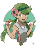  1girl dark_skin flower green_eyes green_hair hair_flower hair_ornament highres holding holding_poke_ball kuruto. long_hair mallow_(pokemon) open_mouth poke_ball pokemon pokemon_(game) pokemon_sm signature simple_background solo sugimori_ken_(style) twintails upper_body white_background 