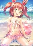  1girl animal_ears arm_support ass_visible_through_thighs ball bare_shoulders beach beachball blush breasts clouds cloudy_sky collarbone ek_masato green_eyes hair_ornament highres kurosawa_ruby long_hair looking_at_viewer love_live! love_live!_sunshine!! one-piece_swimsuit open_mouth rabbit_ears redhead sitting skirt sky small_breasts sparkle spread_legs swimsuit swimsuit_skirt thighs twintails two_side_up water 