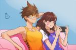  2girls :q bare_shoulders breasts brown_eyes brown_hair couch d.va_(overwatch) facial_mark goggles handheld_game_console indoors long_hair medium_breasts multiple_girls overwatch playstation_portable rod_(rod4817) short_hair sitting tank_top tongue tongue_out tracer_(overwatch) 