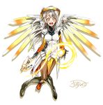  1girl absurdres artist_name blush breasts cosplay crossover full_body gloves grey_hair highres holding_staff jindai3663 knees_together_feet_apart large_breasts long_hair looking_at_viewer love_live! love_live!_school_idol_project mechanical_halo mechanical_wings mercy_(overwatch) mercy_(overwatch)_(cosplay) minami_kotori one_side_up open_mouth overwatch signature simple_background smile solo spread_wings staff white_background wings yellow_eyes 