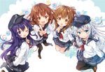  4girls :d ;d akatsuki_(kantai_collection) black_hair black_legwear blue_eyes blue_hair blue_skirt brown_eyes brown_hair brown_shoes clenched_hand closed_mouth eyebrows eyebrows_visible_through_hair fang finger_to_mouth flat_cap hair_ornament hairclip hat hibiki_(kantai_collection) holding_hands ikazuchi_(kantai_collection) inazuma_(kantai_collection) kantai_collection loafers long_hair long_sleeves multiple_girls neckerchief one_eye_closed open_mouth outstretched_arm outstretched_arms pantyhose pleated_skirt riichu sailor_collar shirt shoes skirt sleeves_past_wrists smile v white_shirt 