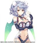  1girl animal_ears bare_shoulders blue_hair breasts brown_eyes crossed_arms elbow_gloves fairy_fencer_f gloves highres large_breasts looking_at_viewer short_hair simple_background solo tsunako white_background wings 