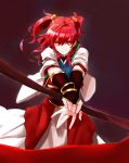  &gt;:) 1girl absurdres bracer cowboy_shot dress foreshortening hair_bobbles hair_ornament highres holding holding_weapon japanese_clothes looking_at_viewer mappe_(778exceed) obi onozuka_komachi red_eyes redhead sash scythe short_sleeves smile solo tasuki touhou two_side_up weapon wide_sleeves 