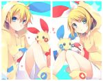  1boy 1girl :&lt; :o ahoge arm_at_side bangs black_eyes blonde_hair blue_eyes blush boots bow casual cosplay crossover drawstring eyebrows eyebrows_visible_through_hair flat_chest hair_ornament hairclip holding holding_poke_ball hood hoodie kagamine_len kagamine_rin knees_together_feet_apart knees_up kuroi_(liar-player) long_sleeves matching_outfit minun minun_(cosplay) plusle plusle_(cosplay) pocket poke_ball pokemon pokemon_(creature) pokemon_(game) short_hair sitting smile sparkle split_screen star vocaloid white_border white_bow 