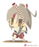  1girl bow_(weapon) brown_eyes brown_hair chameleon_man_(three) chibi commentary_request headband kantai_collection ponytail solo weapon white_background wide_sleeves zuihou_(kantai_collection) 