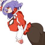  1girl ass blouse breasts chiyoshi_(sevendw) covered_nipples hair_ornament huge_breasts leaf_hair_ornament long_sleeves looking_at_viewer mirror onbashira purple_hair red_eyes rope shimenawa short_hair short_over_long_sleeves short_sleeves skirt solo touhou yasaka_kanako 