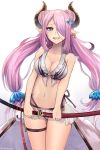  1girl :d blue_eyes breasts cleavage doraf double_bun granblue_fantasy hair_ornament highres holding holding_sword holding_weapon horns katana long_hair looking_at_viewer narumeia_(granblue_fantasy) navel open_mouth pointy_ears purple_hair sheath sheathed smile solo swimsuit sword teeth twintails twitter_username very_long_hair weapon yukihama 