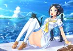  1girl arm_support ass black_cat black_hair blue_eyes blue_sky blush cat clouds commentary_request dress hair_ornament hair_ribbon hairclip highres kazeno loafers long_hair neckerchief ocean open_mouth original outdoors ribbon sailor_dress scrunchie shoes sitting sky smile solo thigh-highs twintails uniform very_long_hair water white_dress white_legwear wrist_scrunchie 