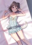  1girl bare_shoulders bed_sheet black_eyes blush brown_hair camisole cat_tail collarbone frills fukahire_sanba looking_at_viewer lying off_shoulder on_back open_mouth original solo strap_slip tail 